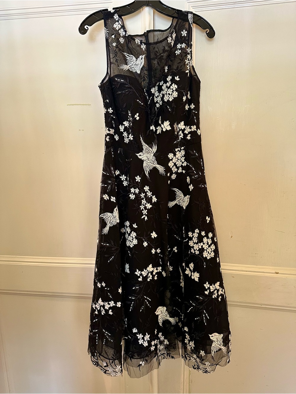 Teri Jon Black Dress with White Floral & Bird Embroidery